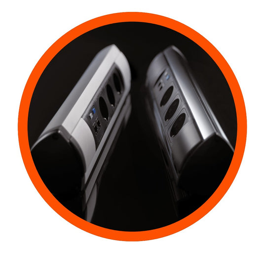 VersaTop – Priză Semirotundă cu Prindere pe Blat| 3 Schuko UPS + 2 RJ45