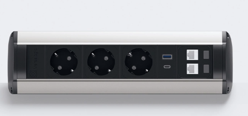 VersaTop – Priză Semirotundă cu Prindere pe Blat| 3 Schuko UPS + 2 RJ45