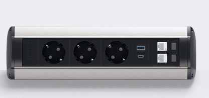 VersaTop – Priză Semirotundă cu Prindere pe Blat| 3 Schuko UPS + 2 RJ45