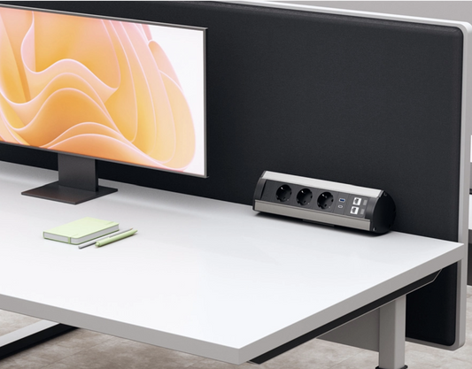 VersaTop – Priză Semirotundă cu Prindere pe Blat| 3 Schuko UPS + 2 RJ45